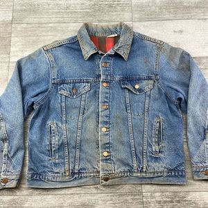 VTG STEEL Indigo Denim Buffalo Plaid Blanket Lined Adult 46 Jean Jacket USA Made